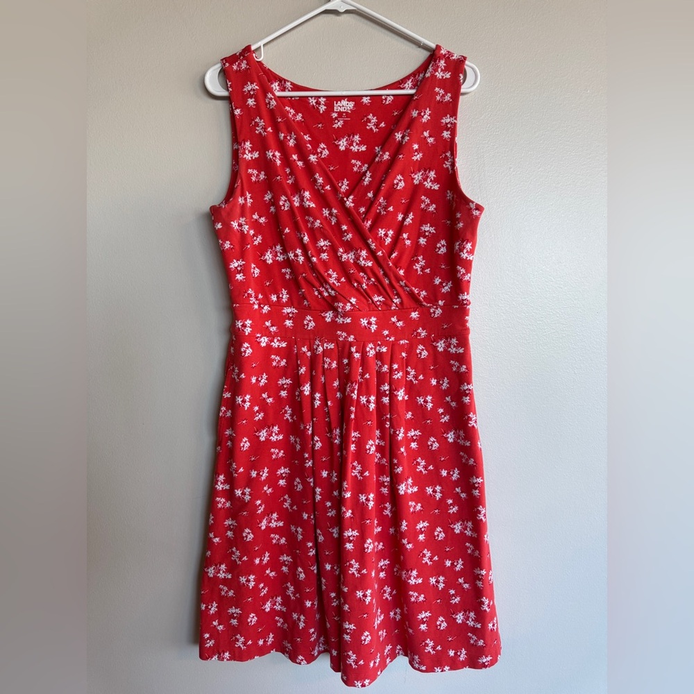 Lands' End Coral Red Floral Faux Wrap Fit & Flare Dress Jersey Knit Pockets M 10